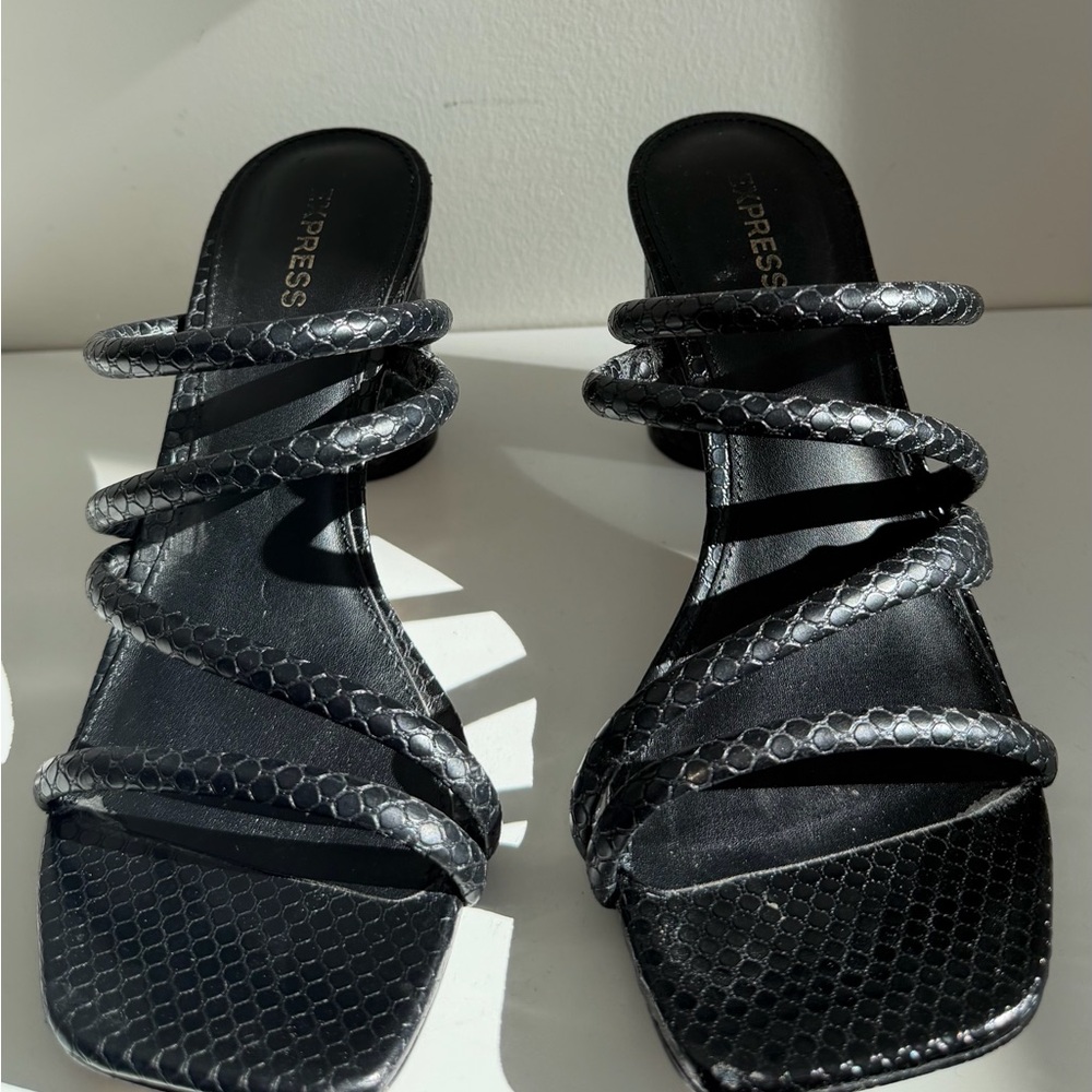 Express Black Snakeskin Strappy Heels